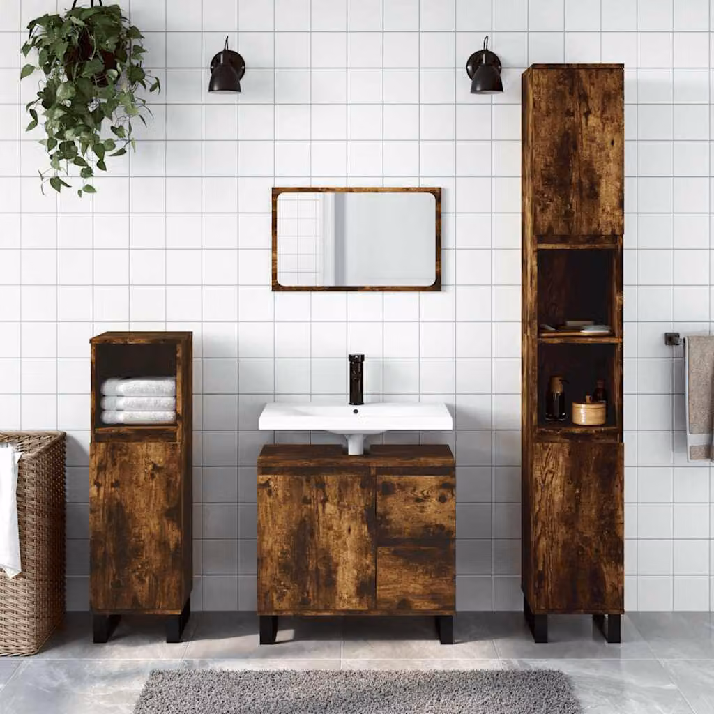 Armadietto da bagno vidaXL in legno Rovere Fumo con ante e ripiani, L 65 cm x P 33 cm x H 60 cm