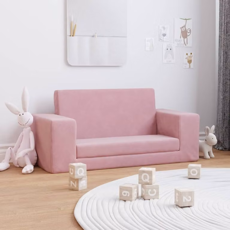 Divano letto per bambini, modello esclusivo, due posti, colore rosa, rivestito in morbido peluche