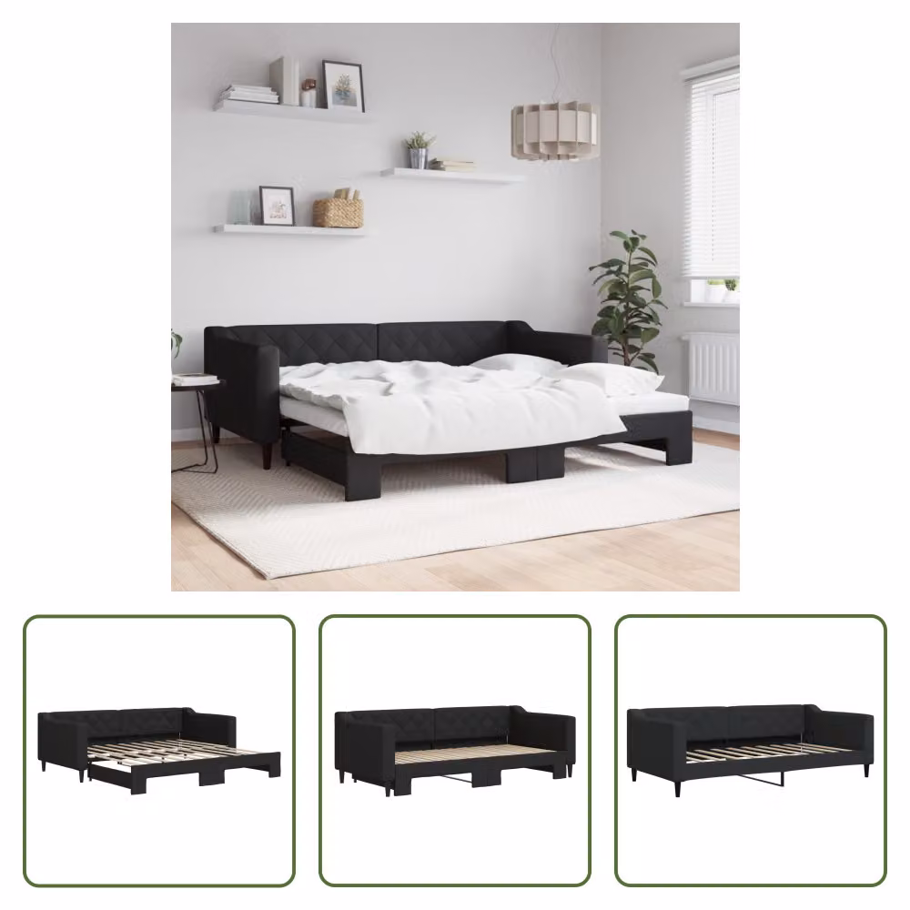 The Living Store Daybed Estensibile Nero 90x190 cm Tessuto