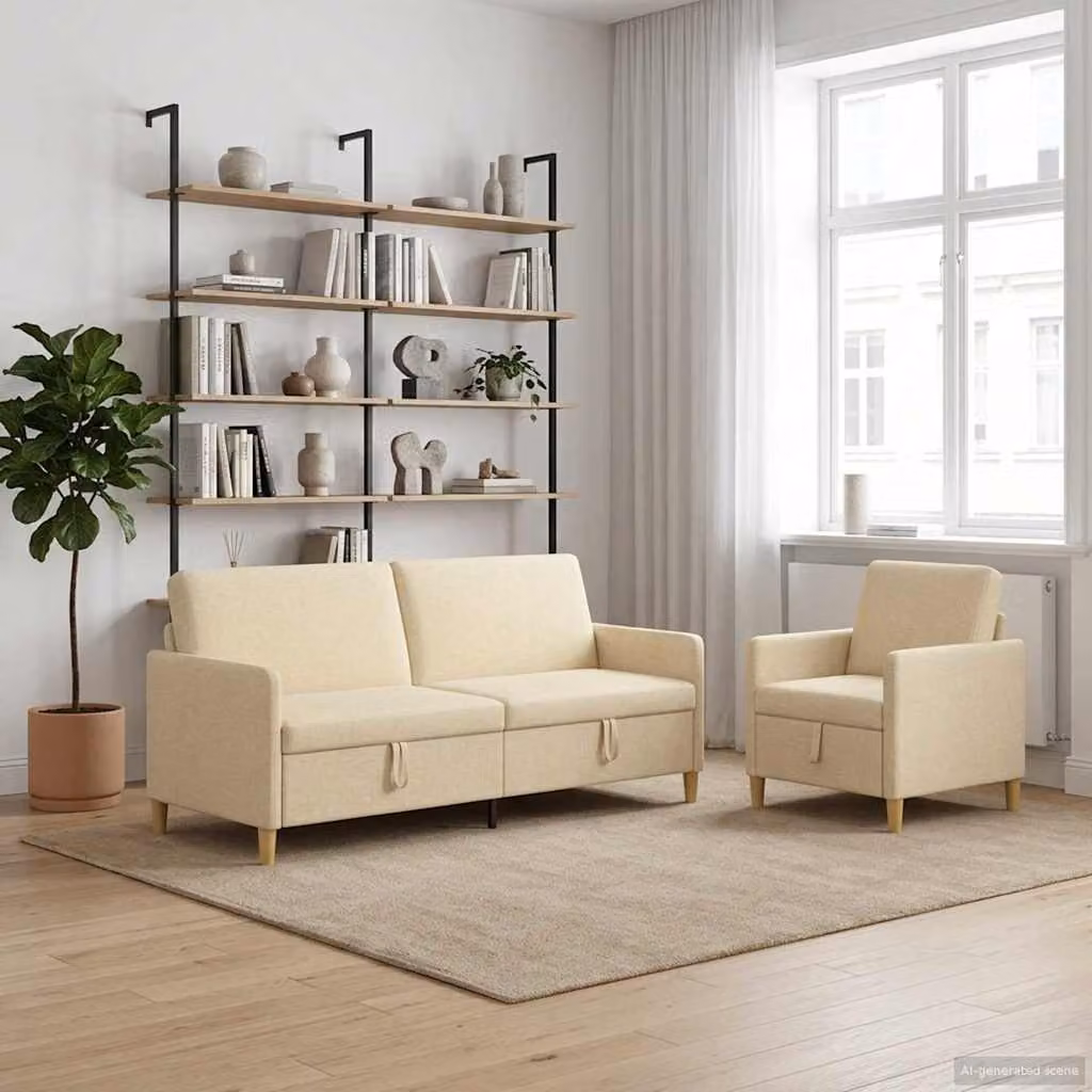 Set di Divani Moderni vidaXL con Contenitore, Composto da Divano a 3 Posti, Divano a 2 Posti e Poltrona, Colore Beige, Rivestimento in Tessuto con Coperture Rimovibili