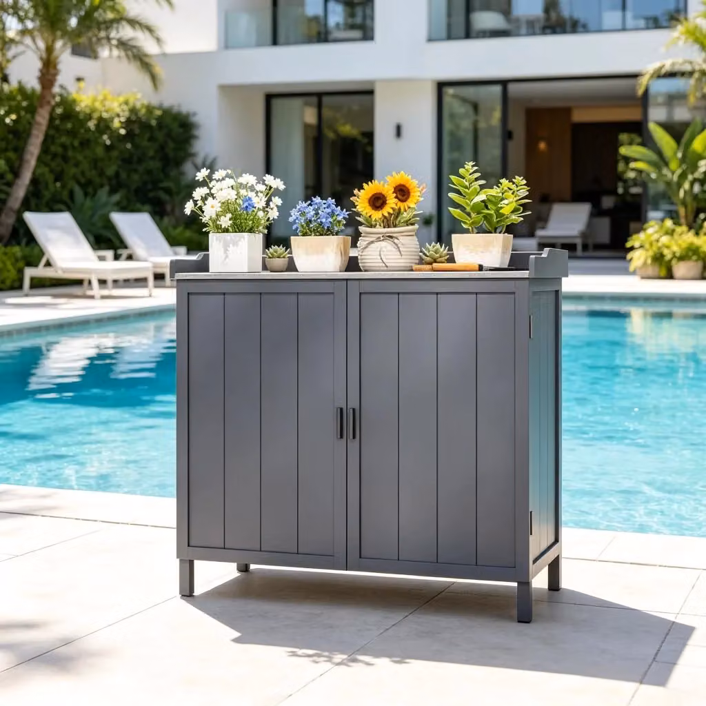 Armadio da giardino REDOM in legno di abete oliato e metallo grigio, L/P/H: 98 x 48 x 95,5 cm – 2