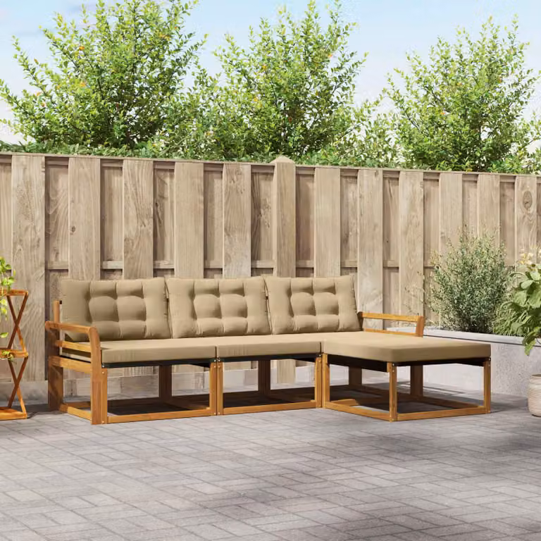 Set di divani da esterno vidaXL a forma di L in legno di acacia con cuscini beige e marrone