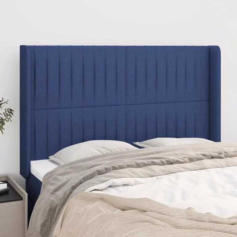 Testiera ad orecchio vidaXL in tessuto blu con struttura in legno e pannello imbottito L: 147 cm, P: 16 cm, H: 118-128 cm