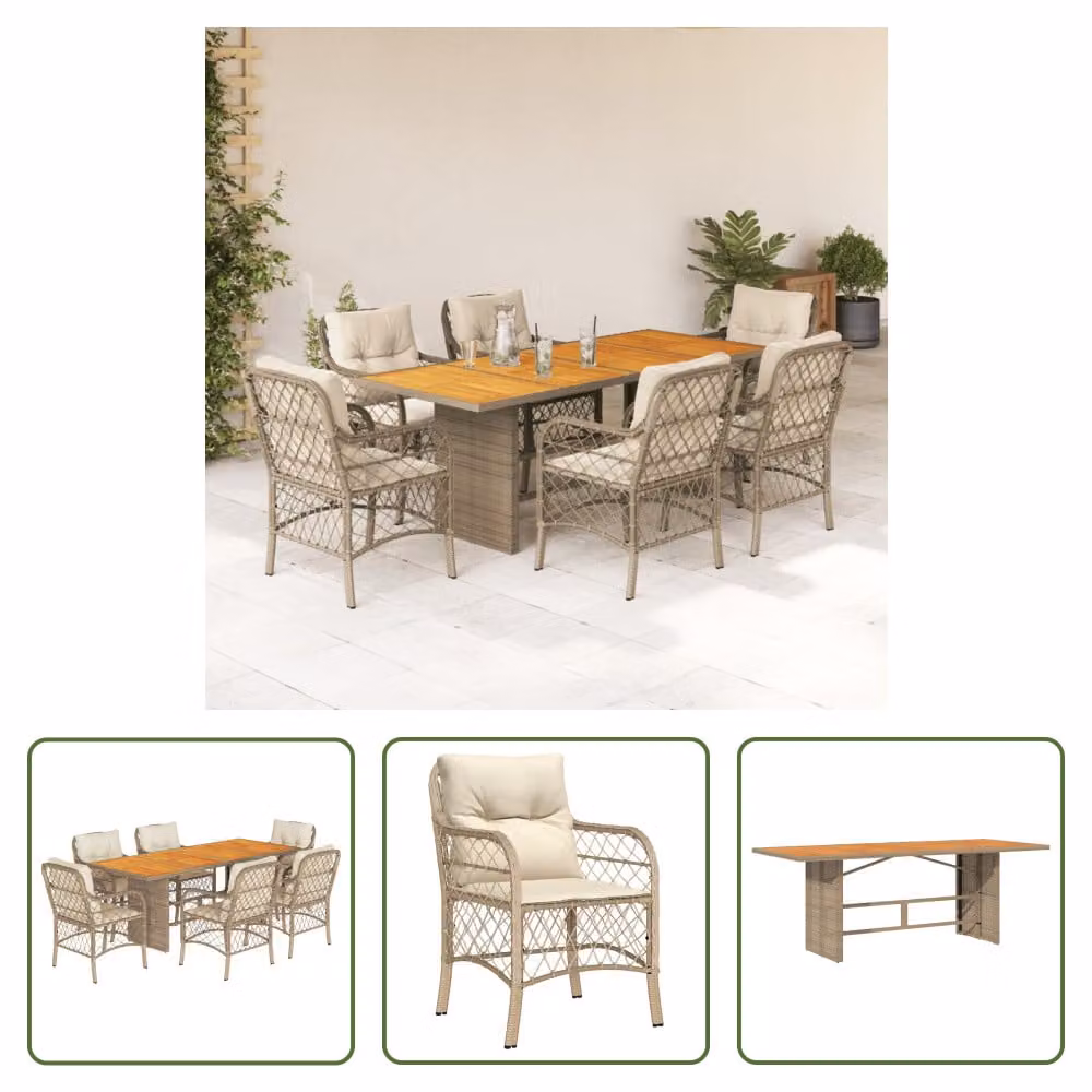 The Living Store Set da pranzo da giardino 7 pezzi con cuscini Beige poly rattan