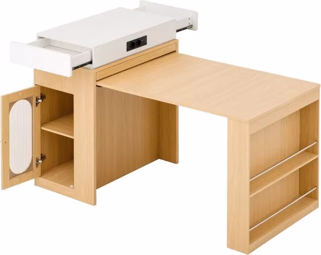 Tavolo da pranzo estraibile con ruote e piano pieghevole in legno naturale, con prese elettriche e ganci, cucina e soggiorno