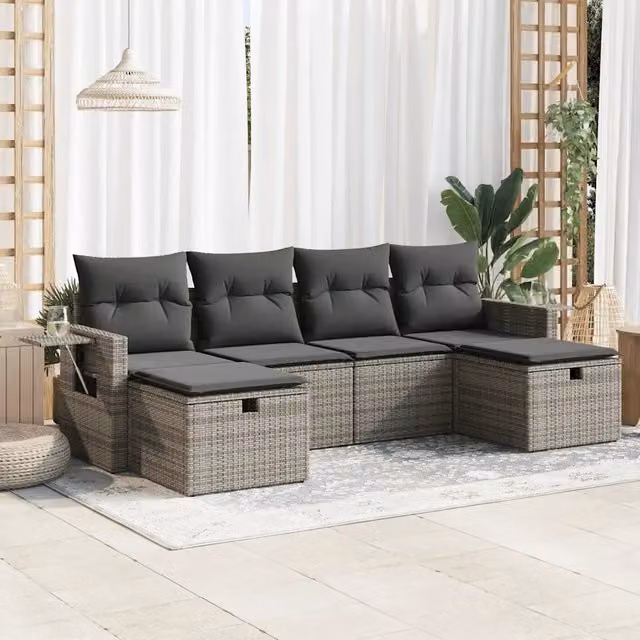 Set Divano da Giardino 6 pz con Cuscini Grigio in Polyrattan 3325526