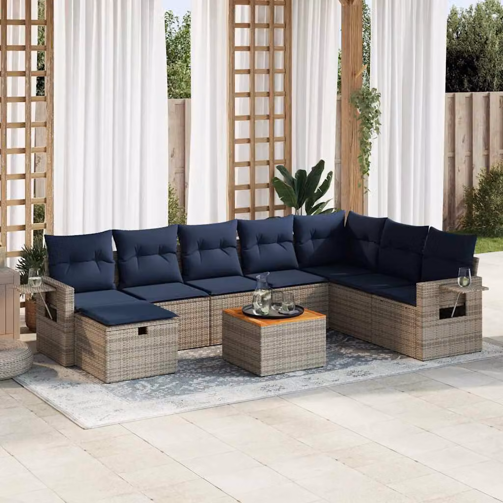 Set Divano da Giardino vidaXL 9 Pezzi in Polyrattan con Cuscini e Tavolino, Design Moderno a Forma di U per Terrazza e Giardino