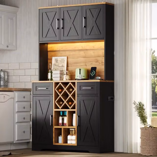 Mobile cucina alto WISHDOR in stile rustico marrone e nero con illuminazione LED integrata, 2 cassetti, portabottiglie e presa integrata L/P/H: 105 x 40 x 180 cm