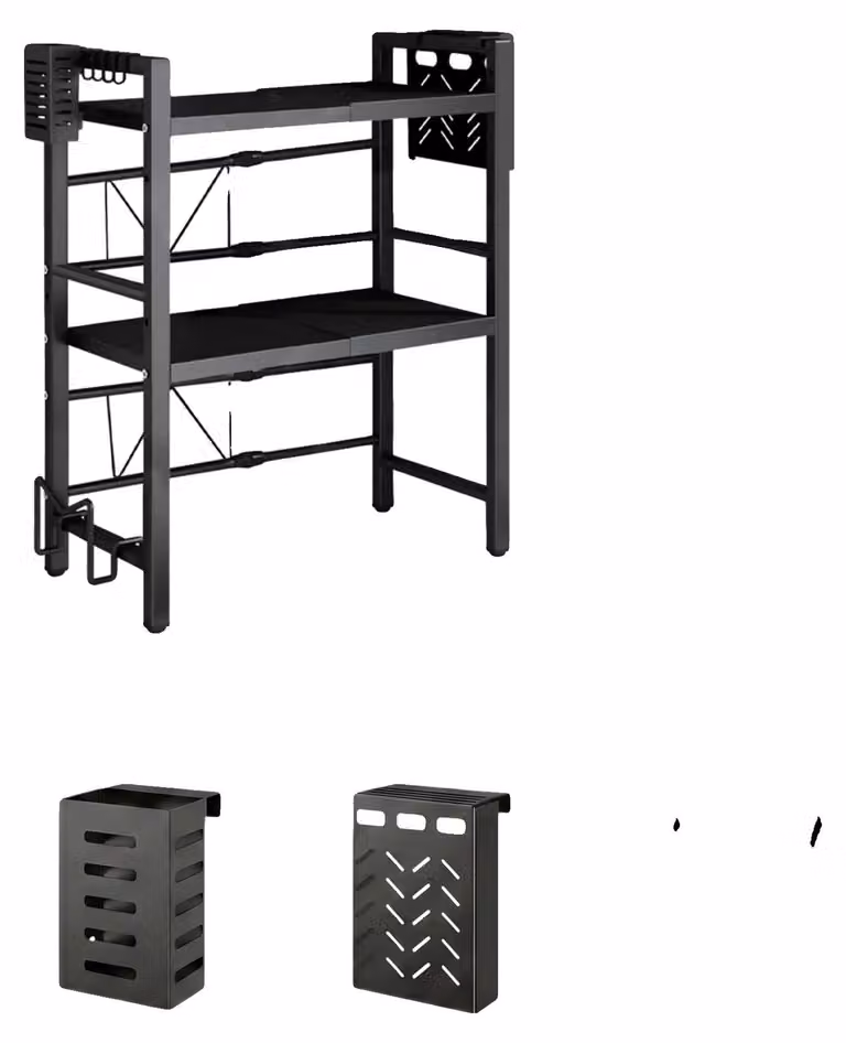 Ripiano per microonde, design estendibile, resistente all'umidità, 2 livelli, lunghezza regolabile da 38 a 64 cm, colore nero