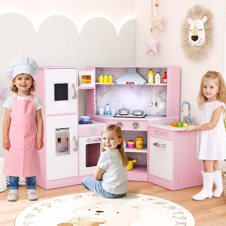 Set da cucina giocattolo in legno Costway per bambini con lavabo, suoni e luci, colore rosa