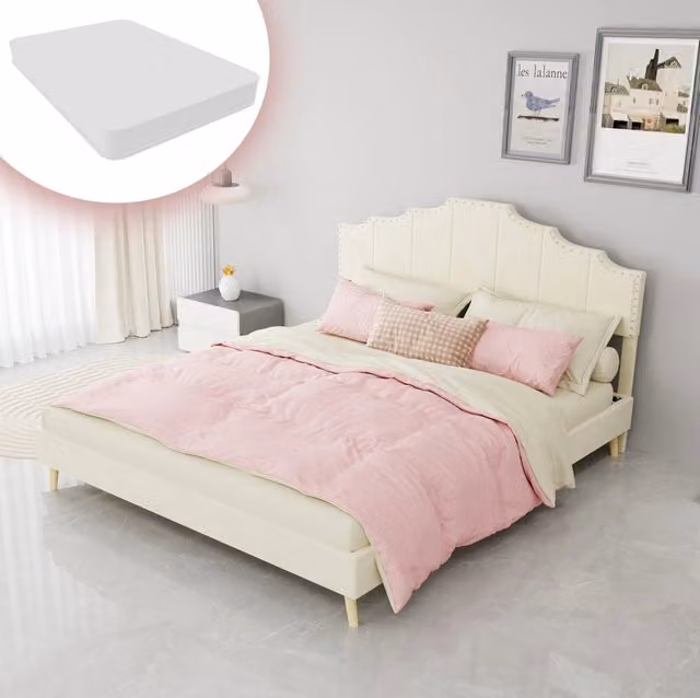 Letto matrimoniale 160x200 cm in tessuto e metallo; beige; con materasso incluso