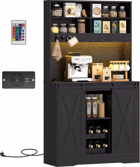 Credenza Rustica con Armadietti, Portabottiglie e Luci LED ¨C Minimal ¨C Nero