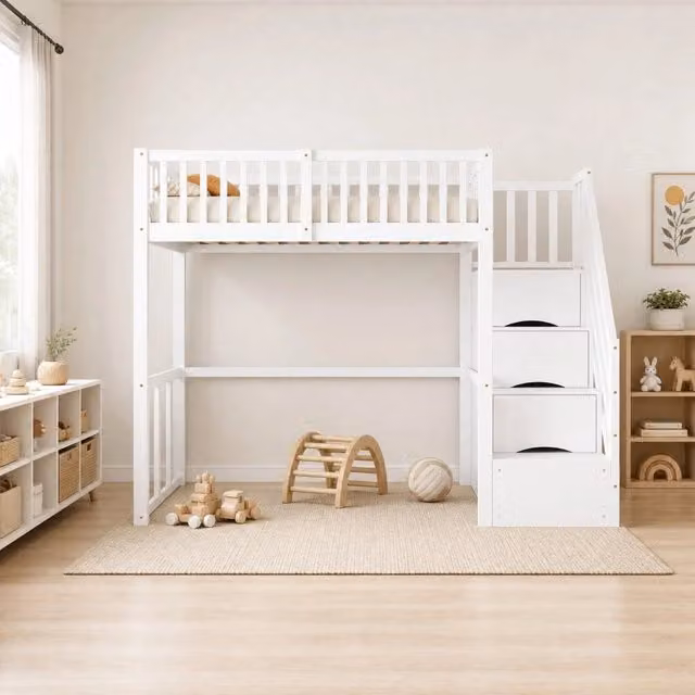 Letto a soppalco 90x200 cm con scala contenitore; struttura in legno; bianco