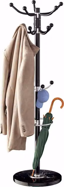 Attaccapanni moderno Casaria con portaombrelli in metallo e pietra, colore nero, H: 175 cm, L: 37 cm, P: 35 cm