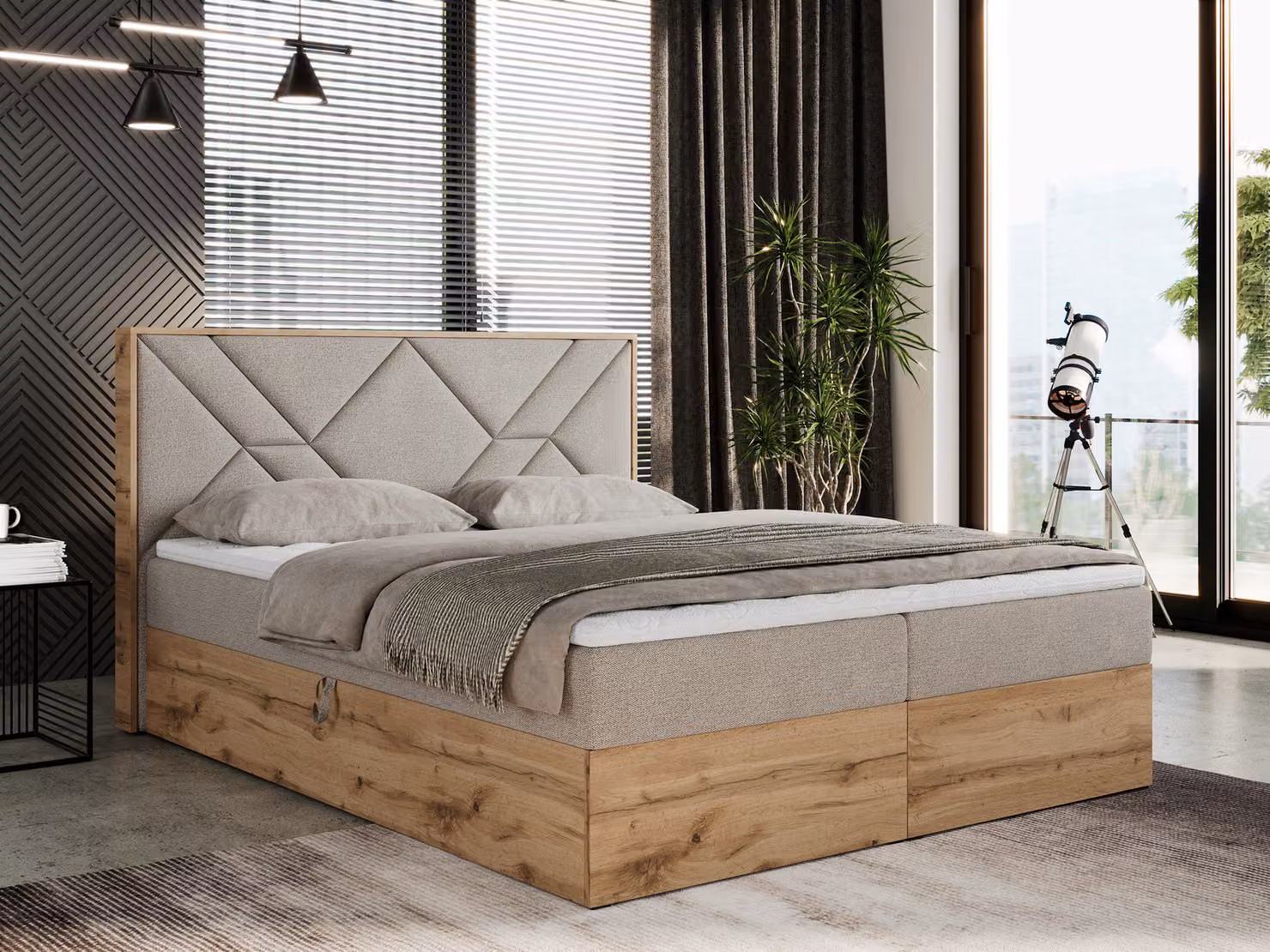Letto boxspring 200x200 con contenitore, letto imbottito 200x200 con materasso H3, letto boxspring 200x200 con testiera, letto boxspring in legno massello - Gunar - Struttura beige - H3