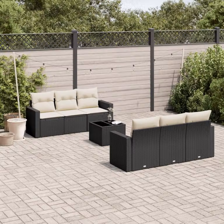 Set Divano da Giardino a L con Cuscini vidaXL, 7 Pezzi, Nero e Bianco con Tavolino e Struttura in Metallo