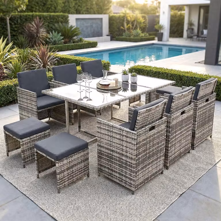 Gruppo di sedute in poly rattan tavolo da pranzo salotto mobili da giardino set di sedute da 11 pezzi 1x tavolo + 6x sedie + 4x sgabelli - grigio