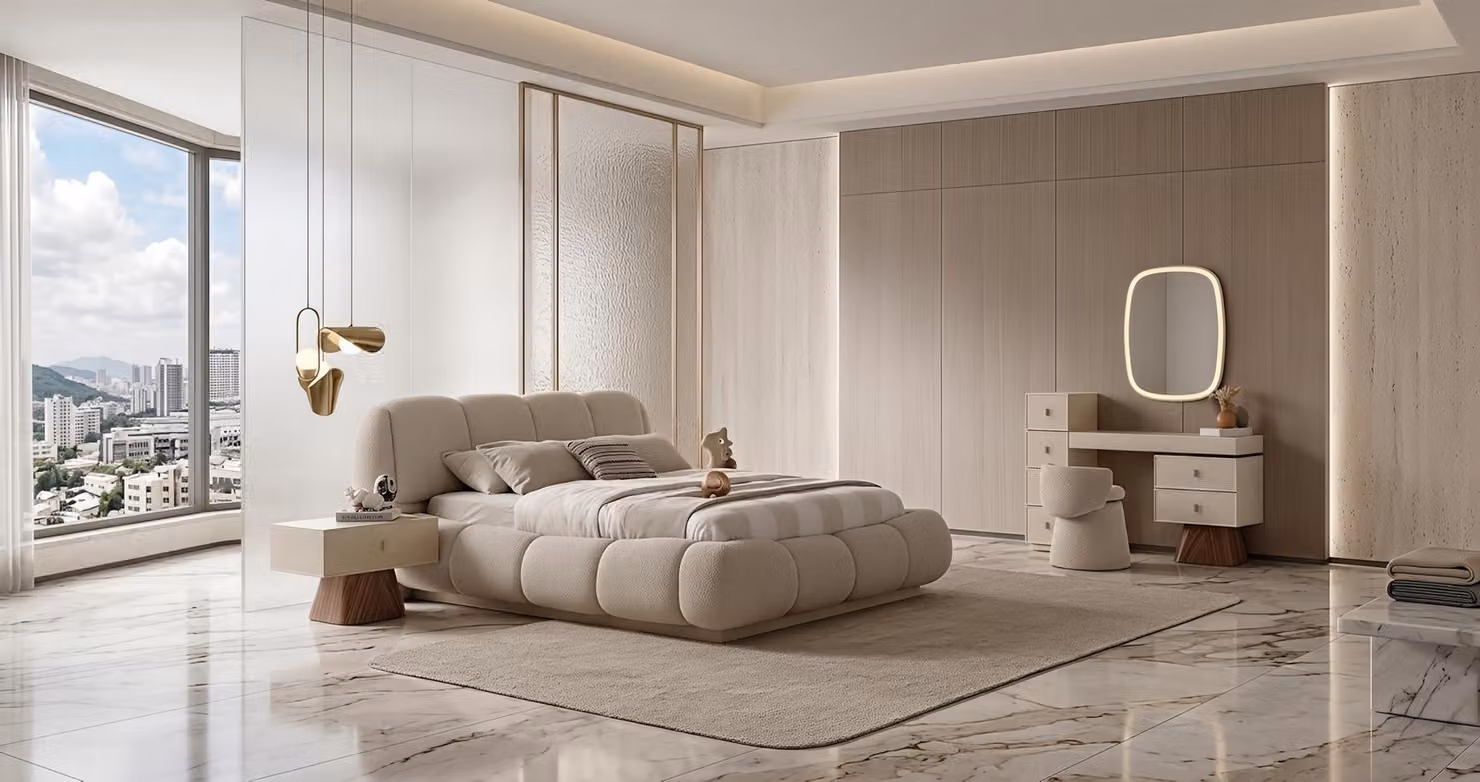 Set per camera da letto: letto, comodini, tavolo da trucco, design moderno, colore beige, lusso