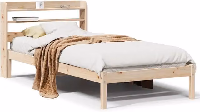 Letto singolo per adulti in legno massello di pino grezzo con doghe in legno, L/P/H: 75 x 190 x 82 cm