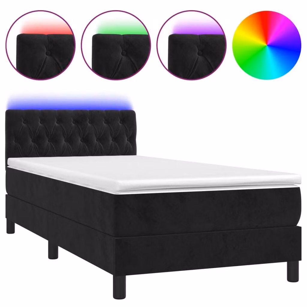 Letto a Molle con Materasso e LED Nero 90x200 cm in Velluto