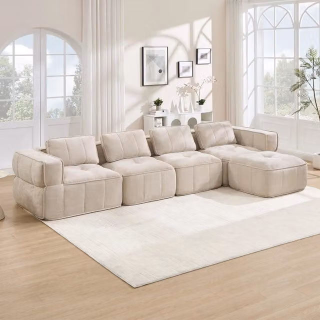 Divano modulare 344x162x67 cm con pouf in poliestere beige