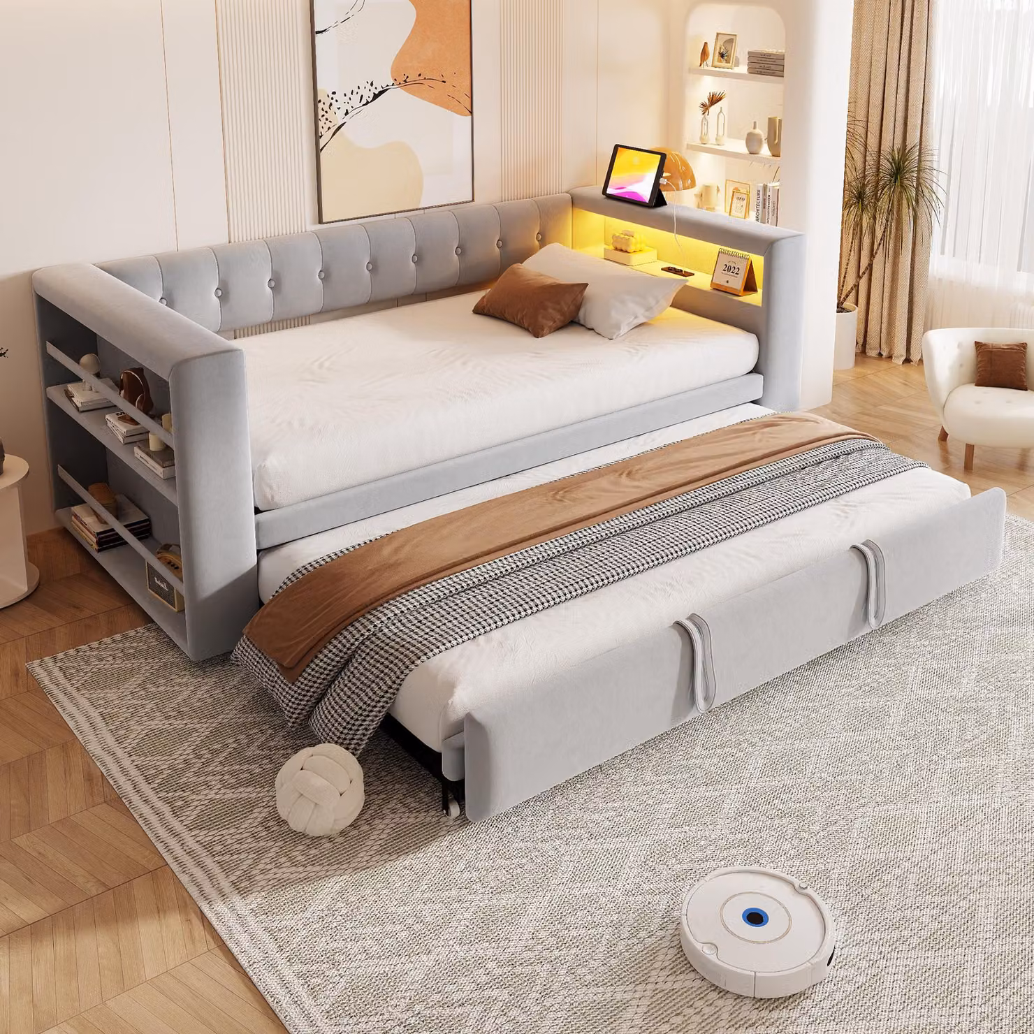 Abrihome Divano letto imbottito 90 × 190 cm con letto estraibile e vano contenitore, divano letto con LED e rete a doghe, grigio chiaro