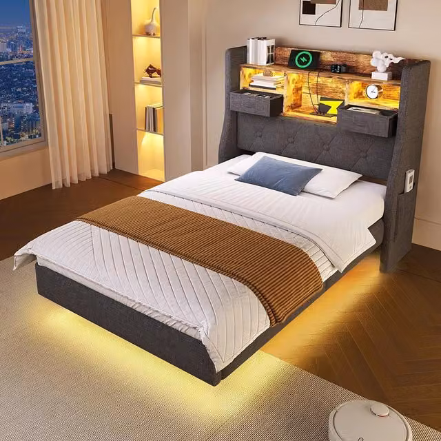 Letto sospeso 90x200cm?- Xylo - LED USB Type-C lino grigio