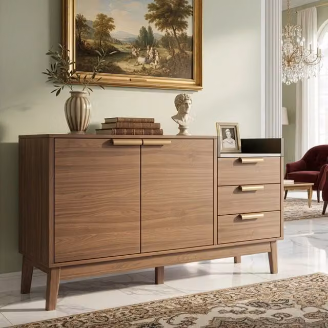 Madia con vano aperto 3 cassetti e ante con ripiano regolabile 5 gambe in MDF e legno 120 × 40 × 77 cm