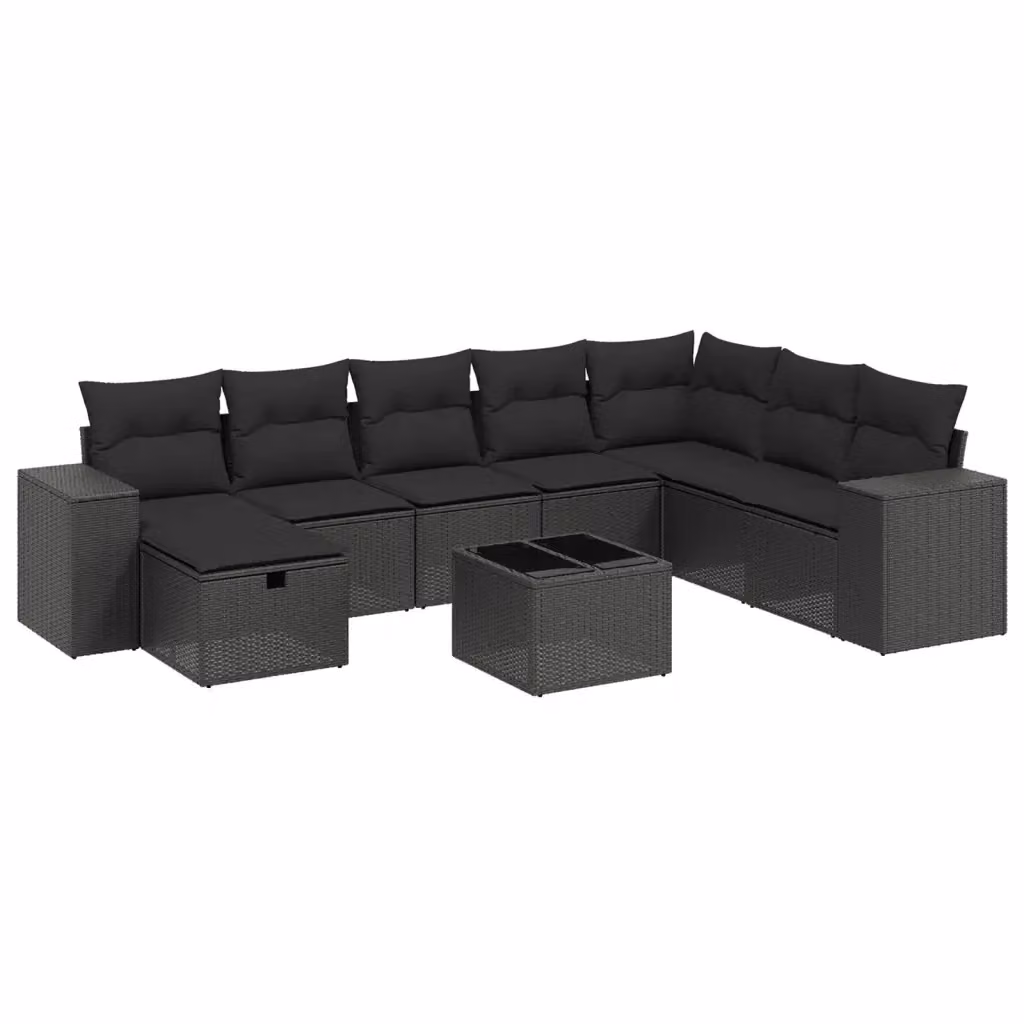 vidaXL Set Divani da Giardino 9 pz a Forma a L con Cuscini Nero in Polyrattan e Struttura in Acciaio – 2