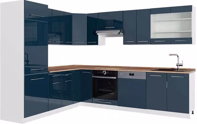 Cucina angolare moderna Vicco Fame-Line Blu scuro lucido e Bianco con dettagli Rovere, L: 287 cm x P: 227 cm – 1