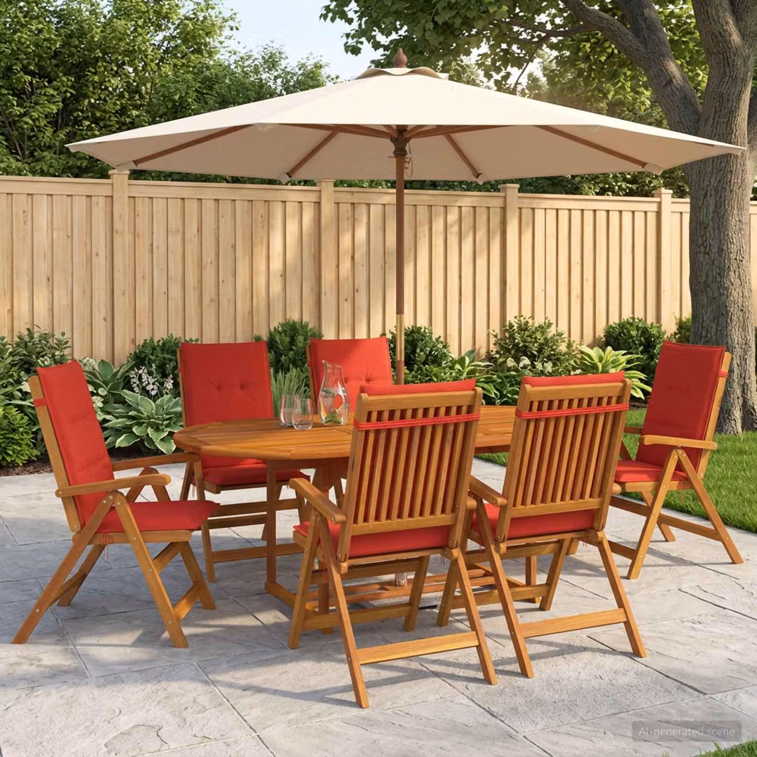 Set da pranzo da giardino vidaXL in legno di acacia oliato, 7 pezzi, colore naturale/marrone/rosso