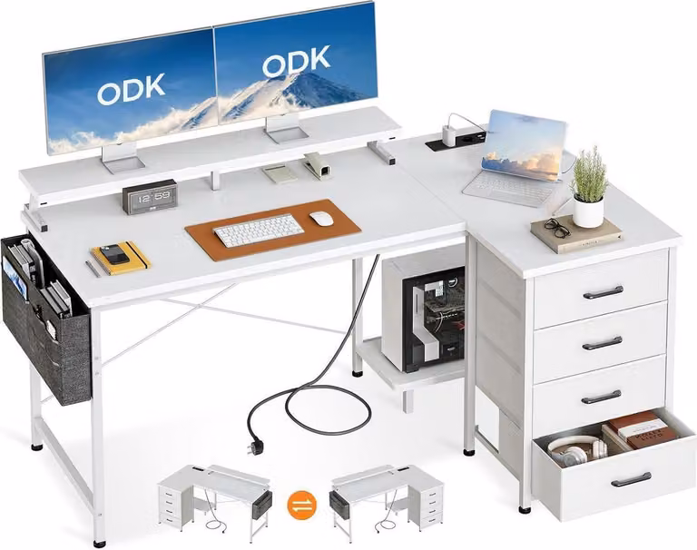 Scrivania ODK a forma di L con porta di ricarica USB, presa di corrente, 4 cassetti