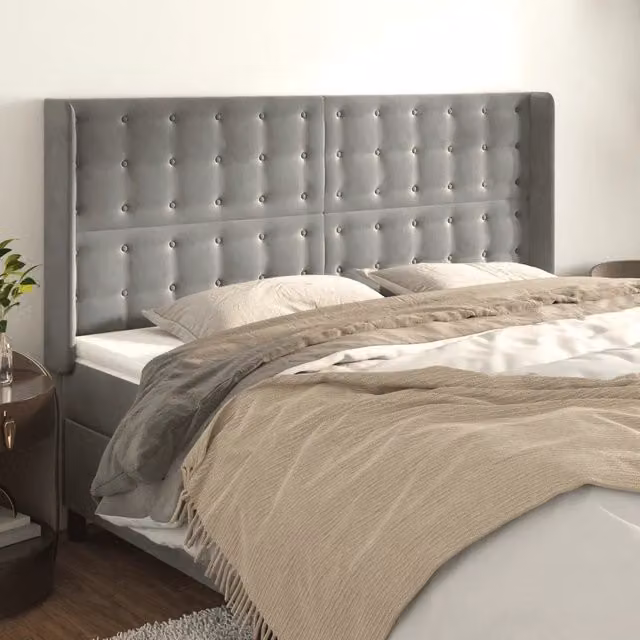 Testiera con Orecchie Design Mania in Velluto Grigio Chiaro L: 203 cm, P: 16 cm, H: 118/128 cm – 1