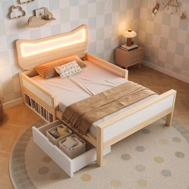 Letto Bambini con Testiera Orecchie di Gatto, LED RGB, Cassetto e Rete a Doghe ¨C Xylo ¨C Bianco/Rovere 90x190