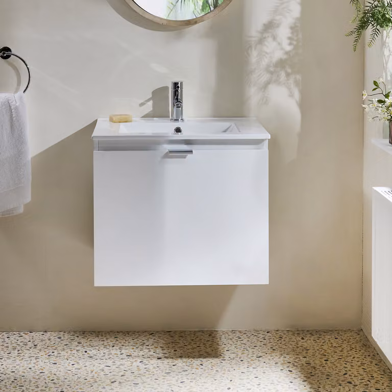 Mobile Bagno Bianco Sospeso da 600mm con Lavabo e Maniglia con Impugnatura a Dito Cromate - Cluo