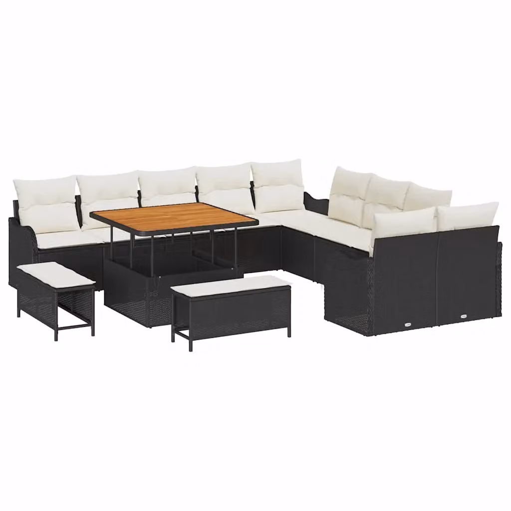 Set Divano da Giardino Moderno vidaXL a Forma a U con Cuscini, Tavolino e Pouf, Colore Nero e Beige – 2