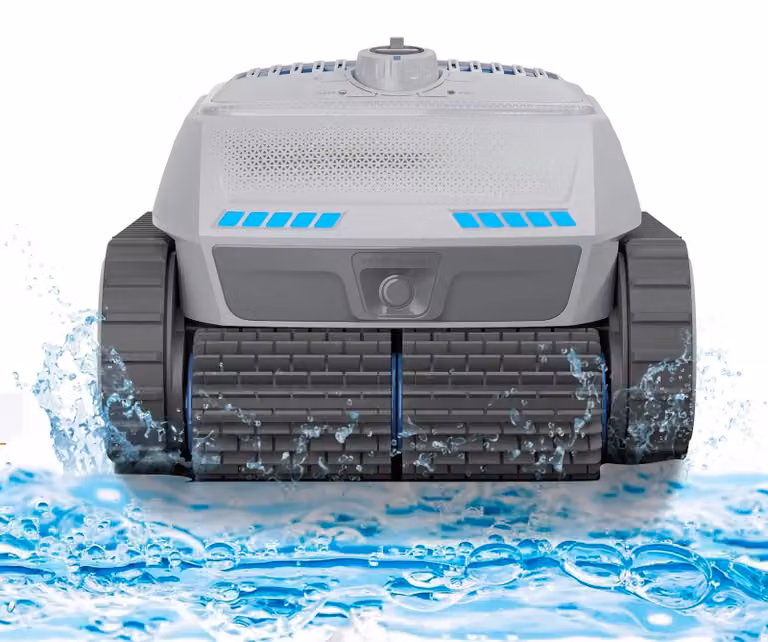 Robot aspirapolvere per piscine - CP402. Aspirapolvere per piscine, senza fili, con 4 motori. Pulisce il fondo, le pareti e la superficie dell'acqua. Connessione Bluetooth/Wi-Fi. Autonomia della batteria: 3 ore. Grado di protezione IP68