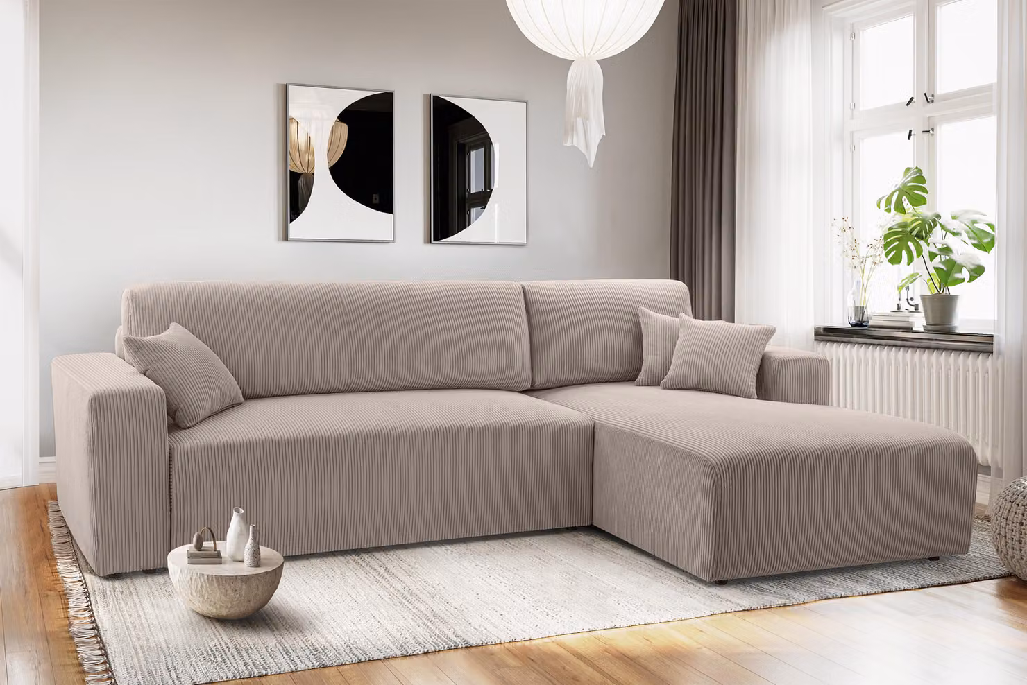 AX LIVING Catea Beige Divano con funzione letto - Divano angolare 279cm con box letto R