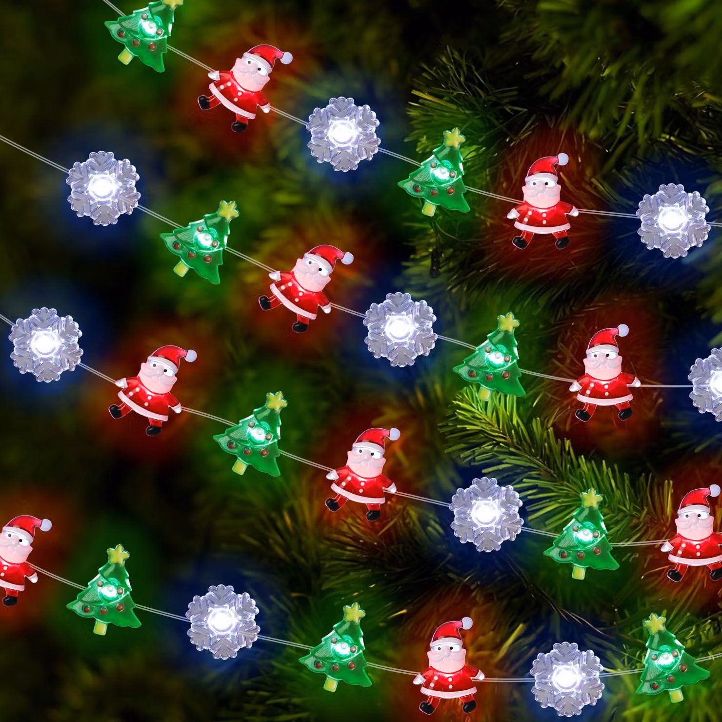 Catena luminosa da 3 metri, 20 LED, con motivi natalizi, alimentata a batteria, per uso interno