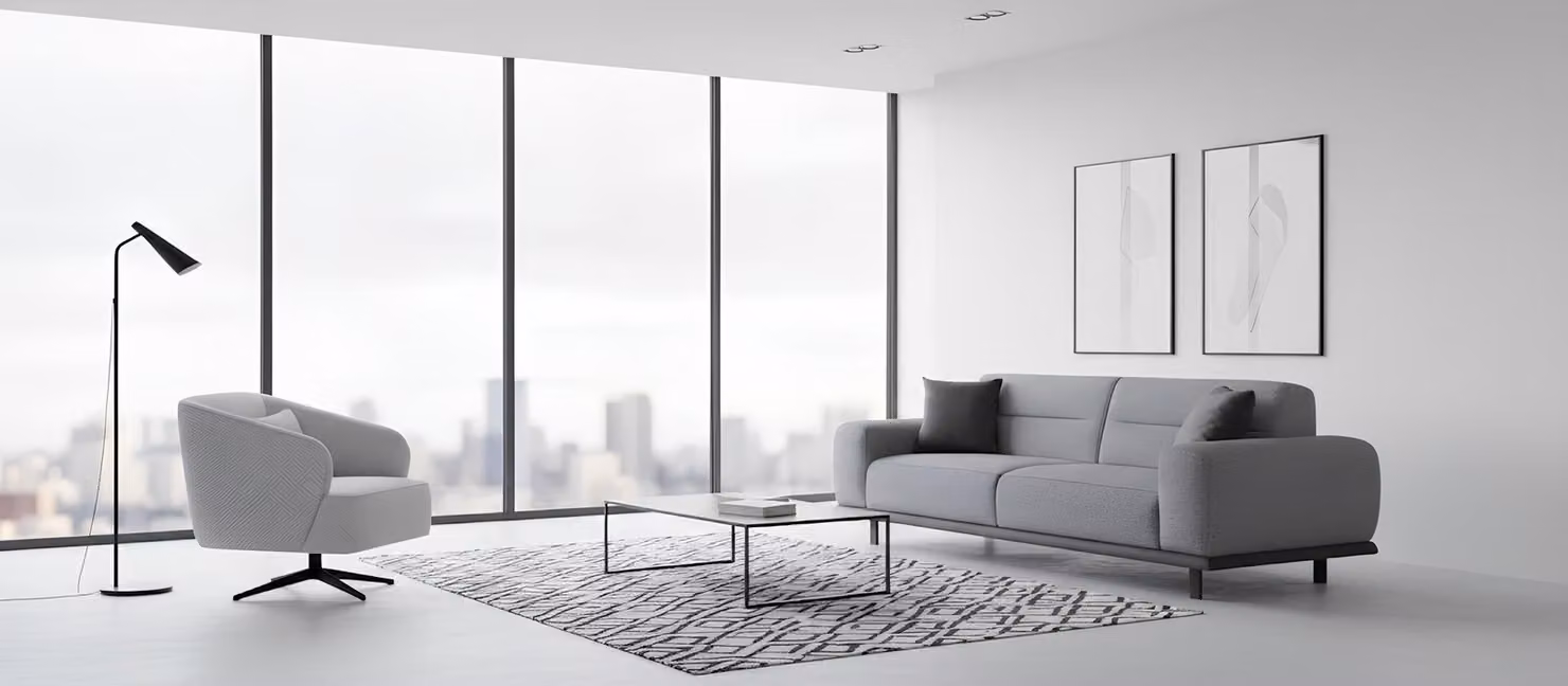 Divano moderno a tre posti e poltrona, set ideale per un soggiorno elegante
