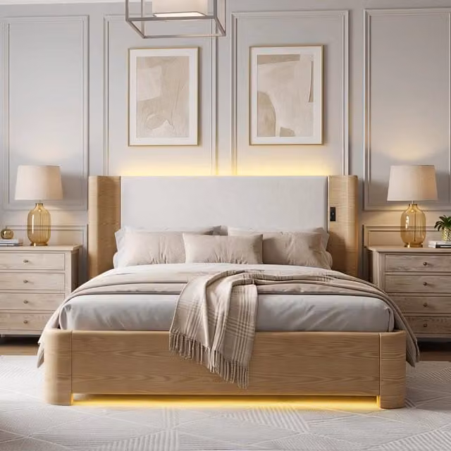 Letto matrimoniale Mivray con base contenitore a sollevamento, rivestimento in pelle e velluto a coste beige e illuminazione LED sottostante, L/P: 180 x 200 cm