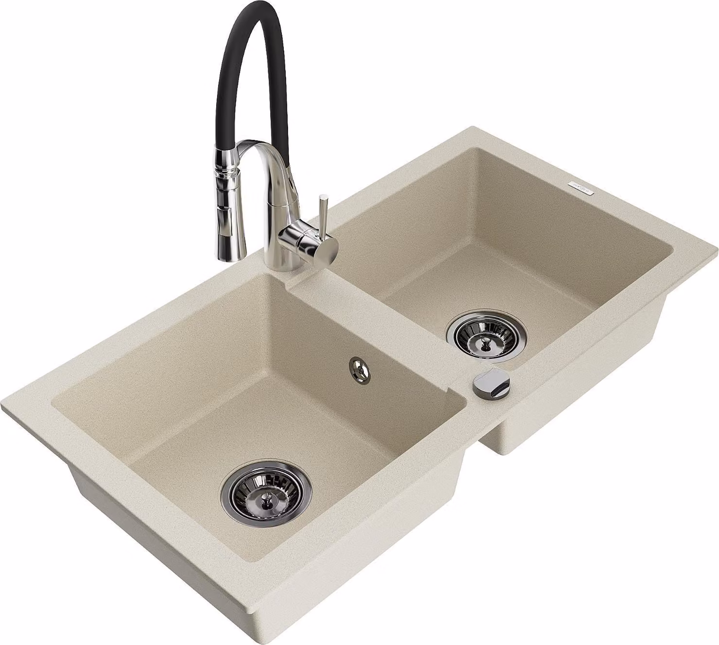 Mexen Mario lavello da cucina in granito a 2 vasche con rubinetto da cucina Aster, beige - 6504-69-73450-07-B
