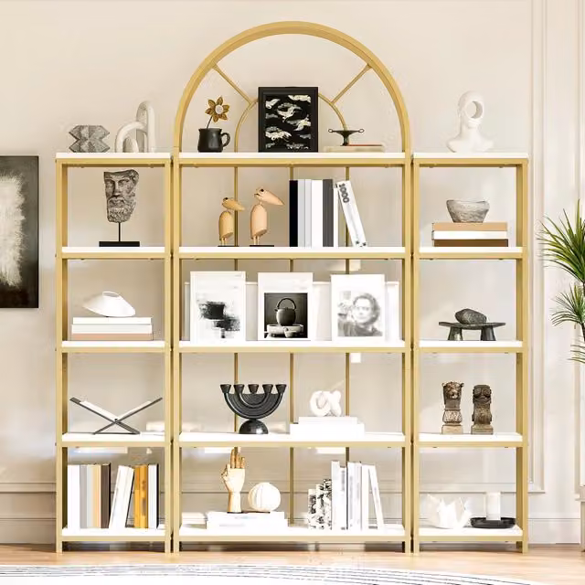 Libreria modulare a tre elementi in MDF e acciaio; bianca e oro; con design ad arco per soggiorno; 163 × 30 × 184 cm