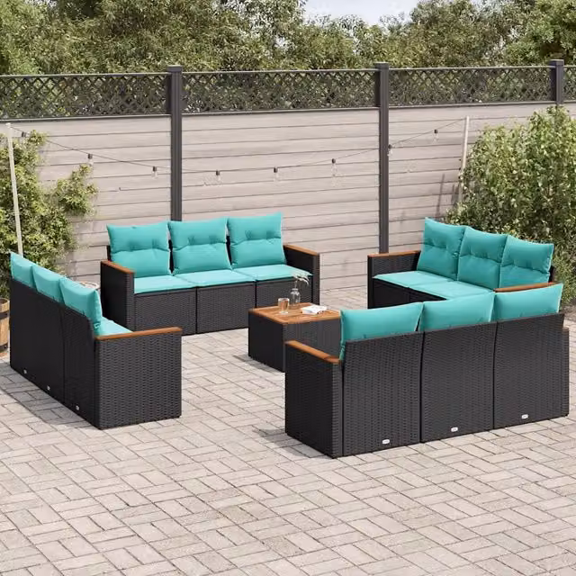 Set di Divani da Giardino a Forma di U vidaXL con Cuscini e Tavolino, Polyrattan e Metallo, Nero e Blu