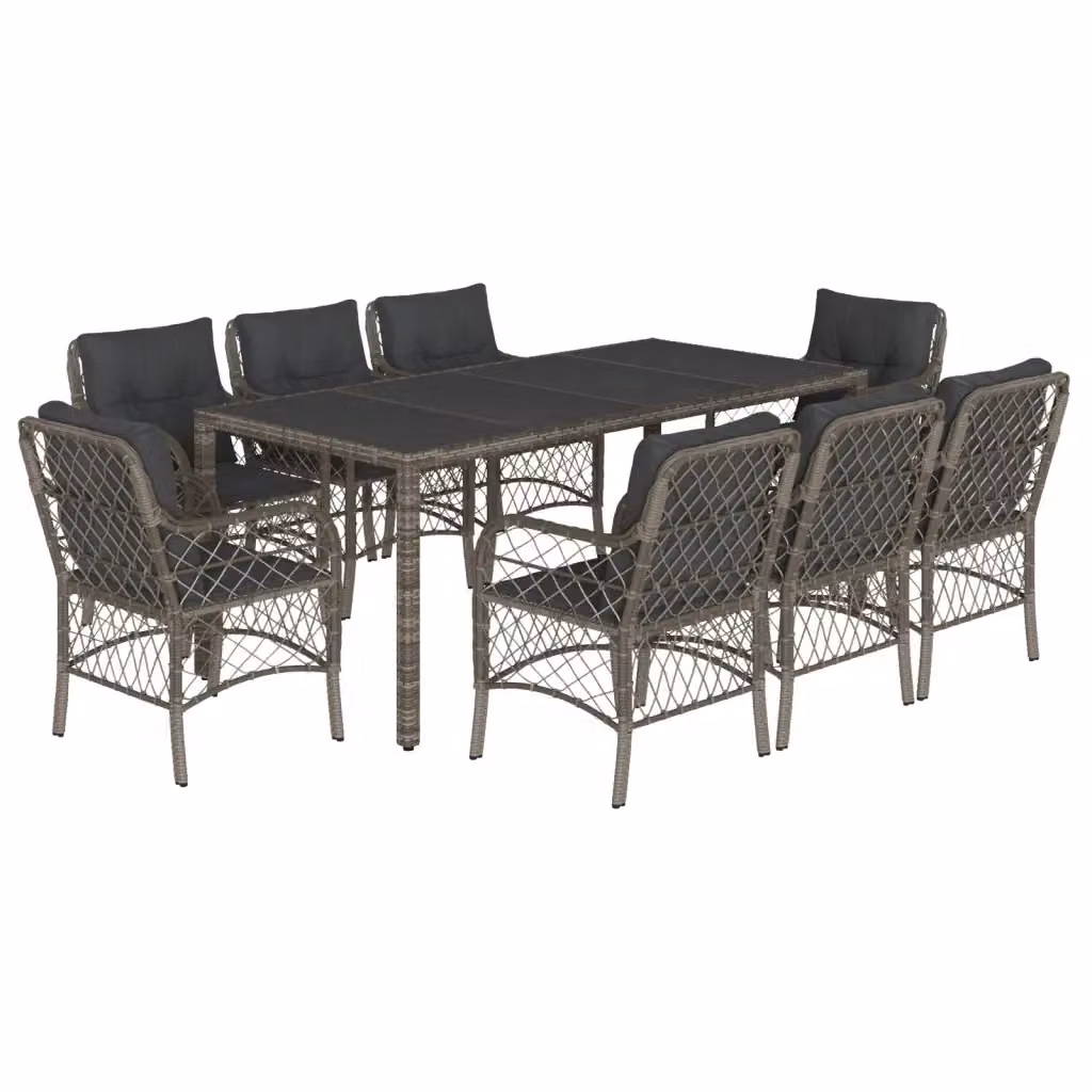 Set da Pranzo da Giardino vidaXL in Polyrattan Grigio con Tavolo in Vetro e 9 Sedute con Cuscini – 2