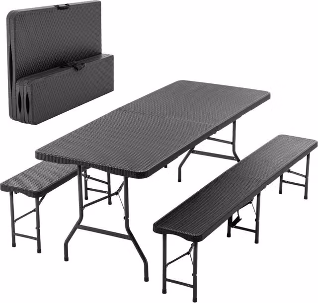 Tavolo da picnic pieghevole da 183 cm con 2 panche, set da campeggio da 3 pezzi, piano in HDPE con motivo ad albero, blocco di sicurezza, resistente
