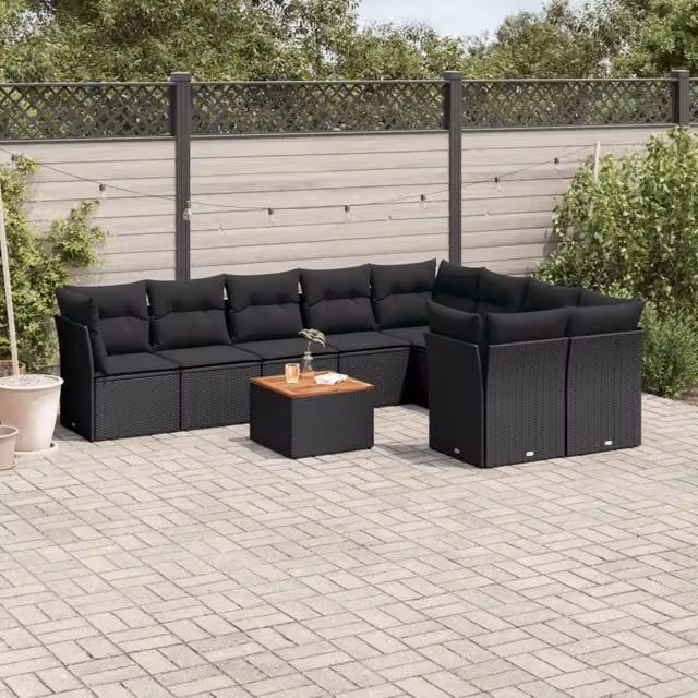 Set Divani da Giardino 10pz con Cuscini in Polyrattan Nero 3223815