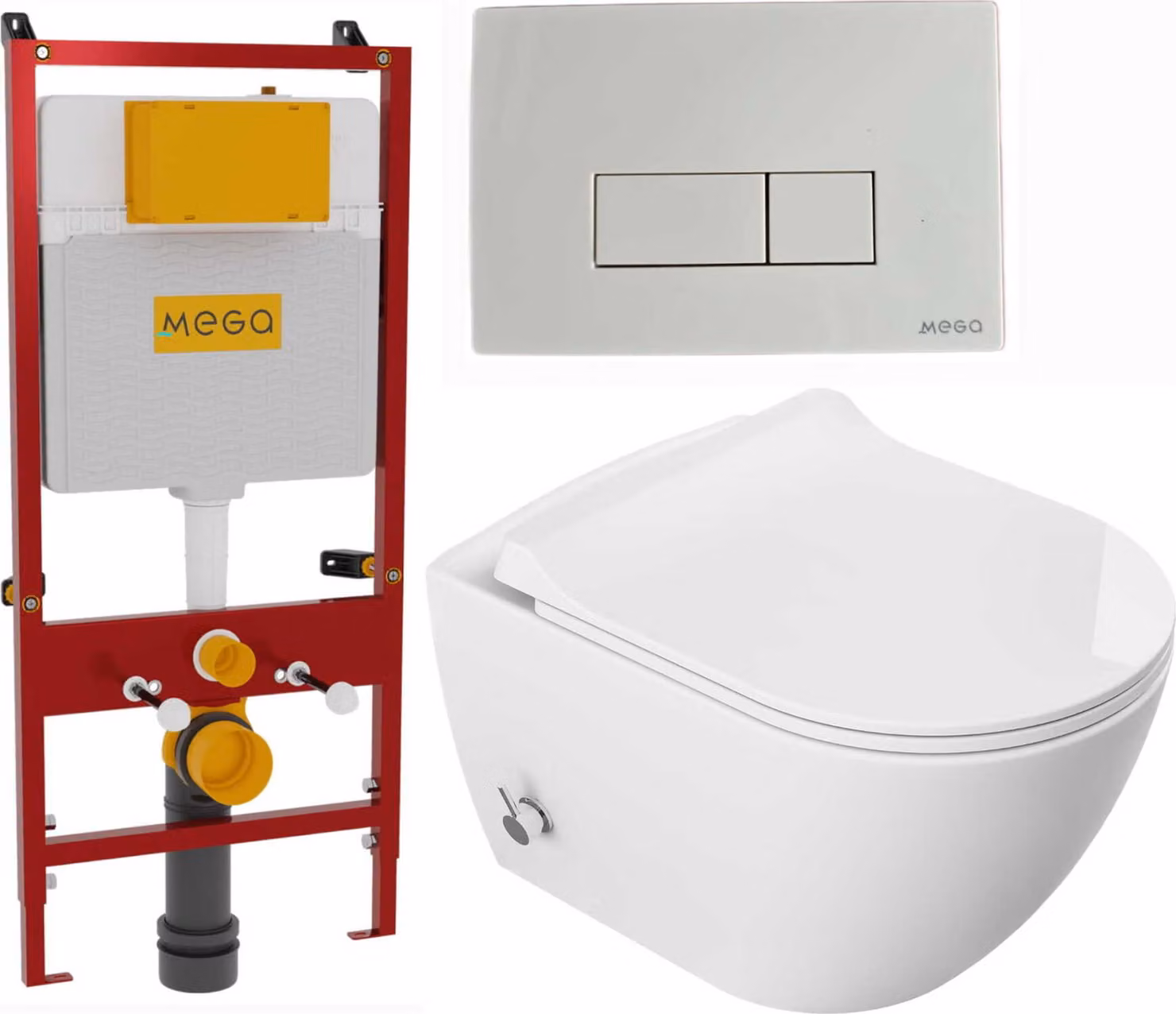 Domotechnika | Wc sospeso con funzione bidet - 51X36X32,5 Cm - Bianco - Senza bordo, Soft-Close, duroplastslim Soft-Close-Board, bianco + Telaio di base professionale 110x54x16 cm con manopola bianca