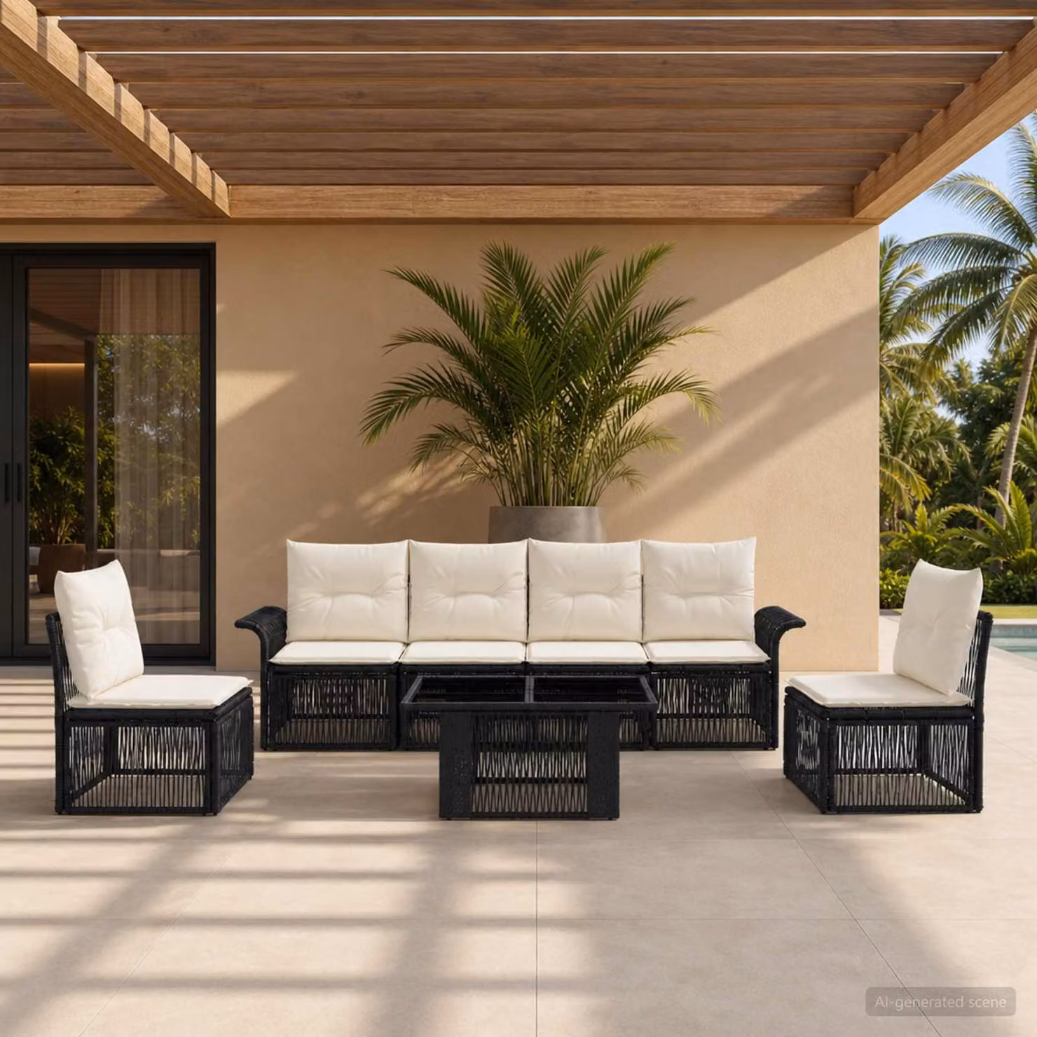 Set Divano da Giardino vidaXL 7 Pezzi in Polyrattan Nero e Bianco Crema con Cuscini e Tavolino da Esterno