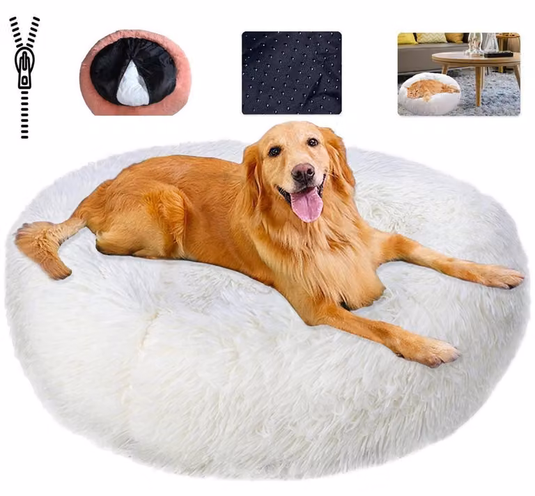 Cuccia per animali domestici, morbida, lavabile, rotonda, bianca, taglia 2XL (90 cm)